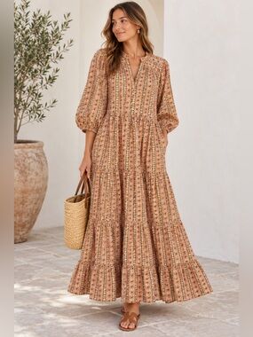 Sue Sartor Paloma Flounce Hand Block Print Maxi Dress, Size Large
